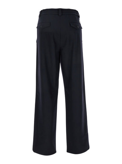 Moncler Men Blue Pants With Drawstring Elastic Waist And Logo Patch On The Rear In Wool Man by Luosophy