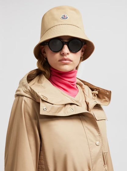 Moncler Women Beige Bucket Hat With Dropped Wide Brim And Logo Patch On The Front In Cotton Blend Woman by Luosophy