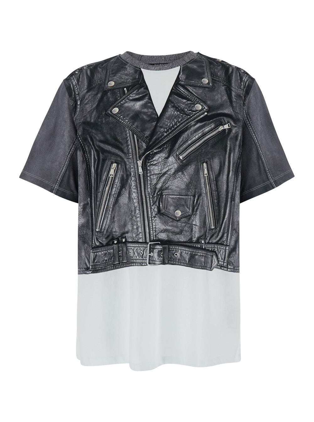 Balmain Men Black And White Crewneck T-Shirt With Layered Design In Cotton Man by Luosophy