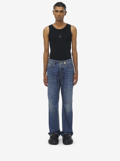 Alexander Mcqueen Men Blue High Waisted Jeans With Logo Detail On The Loop And Logo Patch On The Rear In Denim Man by Luosophy