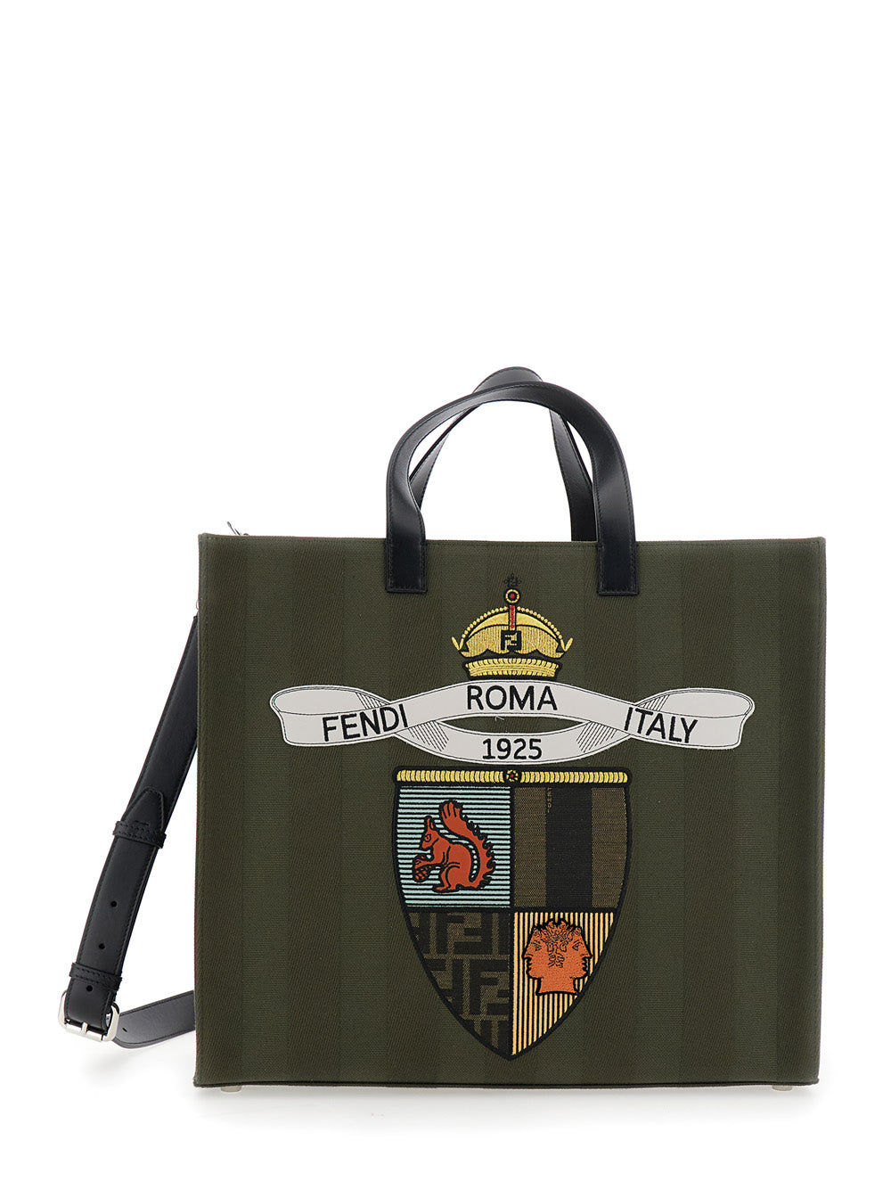 Fendi Men Green Shopper With Vertical Stripes Motif And Fendi Club Patch On The Front In Canvas Man by Luosophy