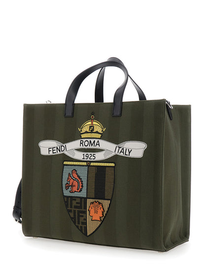 Fendi Men Green Shopper With Vertical Stripes Motif And Fendi Club Patch On The Front In Canvas Man by Luosophy
