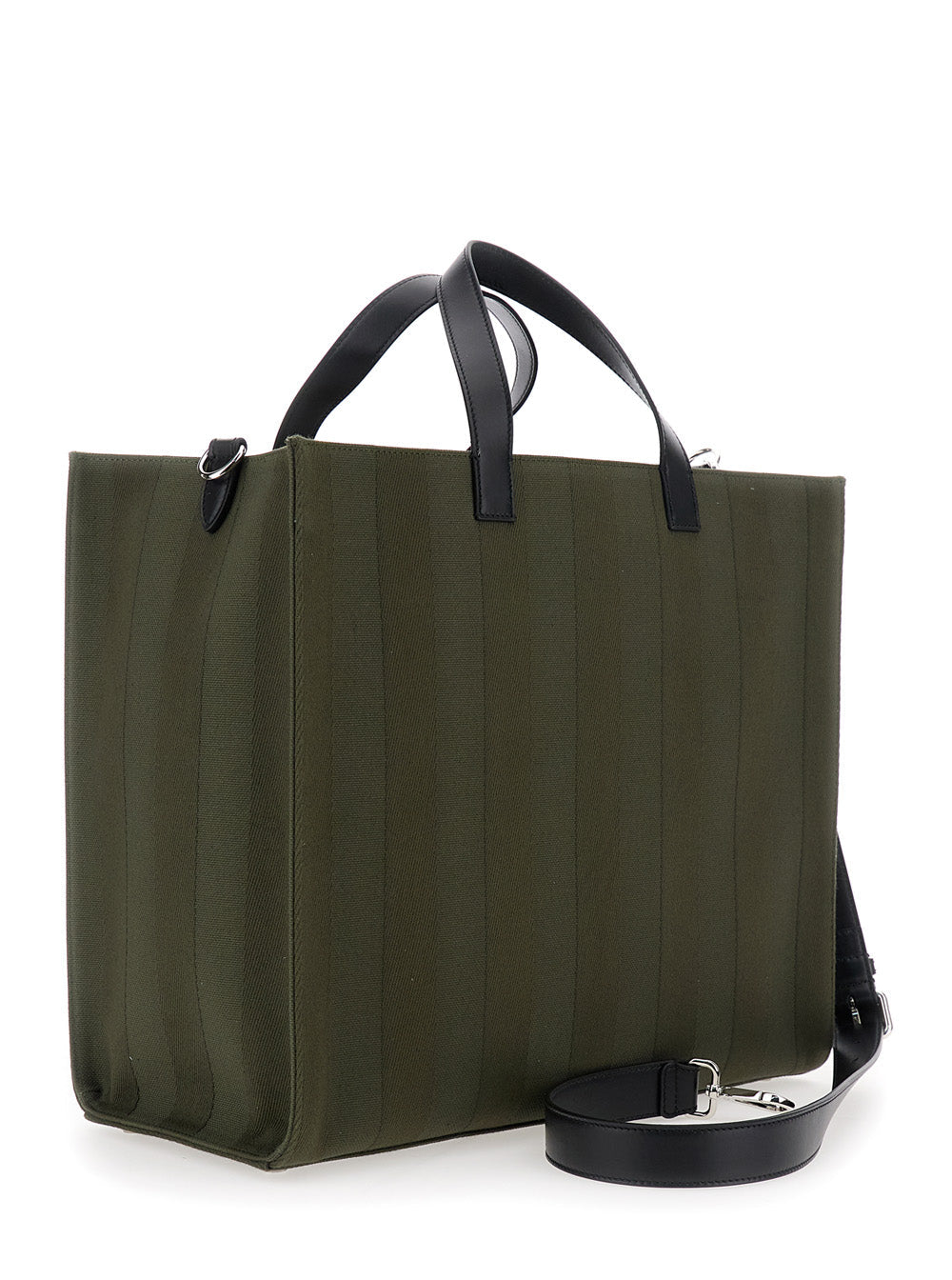 Fendi Men Green Shopper With Vertical Stripes Motif And Fendi Club Patch On The Front In Canvas Man by Luosophy