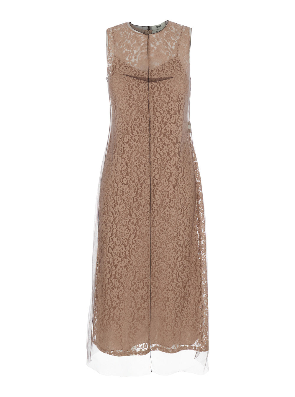 Fendi Women Beige Sleeveless Crewneck Dress With Floral Embroidery In Lace Woman by Luosophy