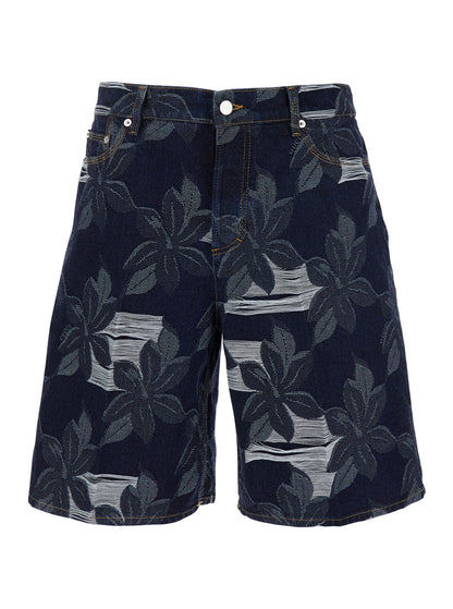 Gucci Men Blue Bermuda Shorts With All-Over Floral Embroidery And Logo Patch On The Back In Denim Man by Luosophy