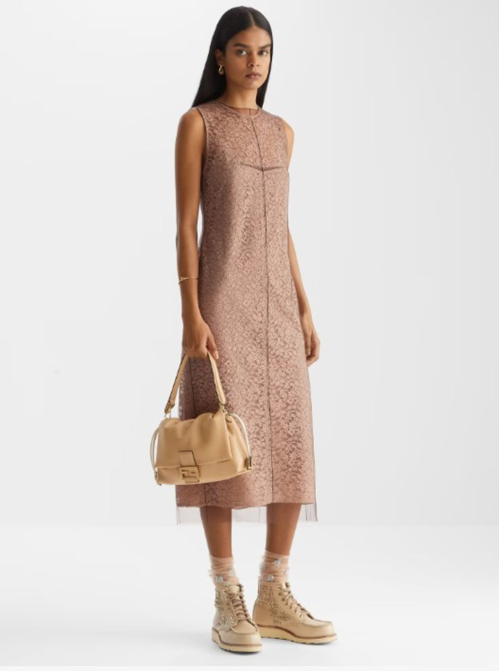 Fendi Women Beige Sleeveless Crewneck Dress With Floral Embroidery In Lace Woman by Luosophy