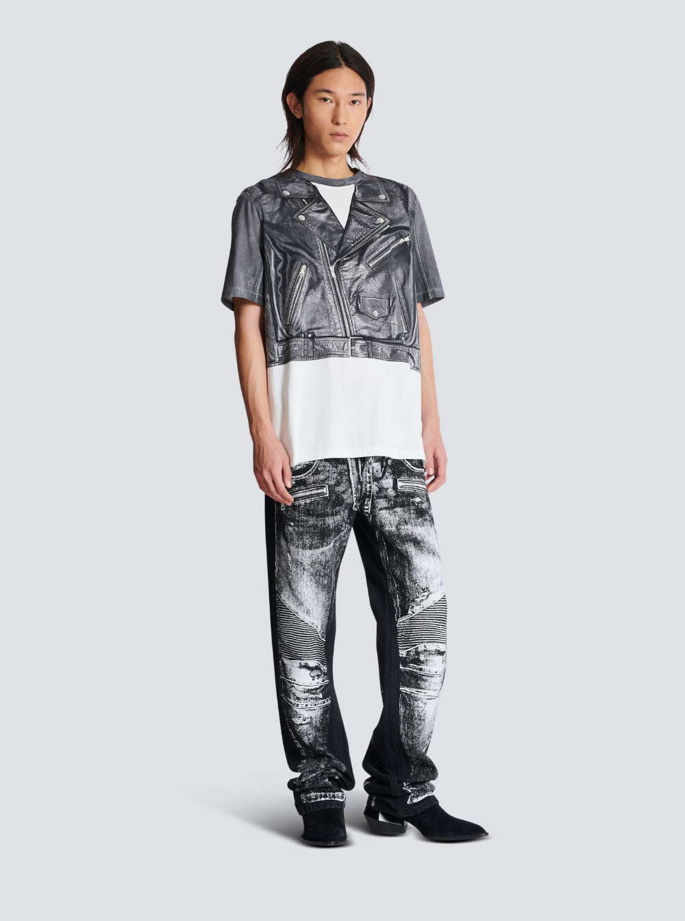 Balmain Men Black And White Crewneck T-Shirt With Layered Design In Cotton Man by Luosophy