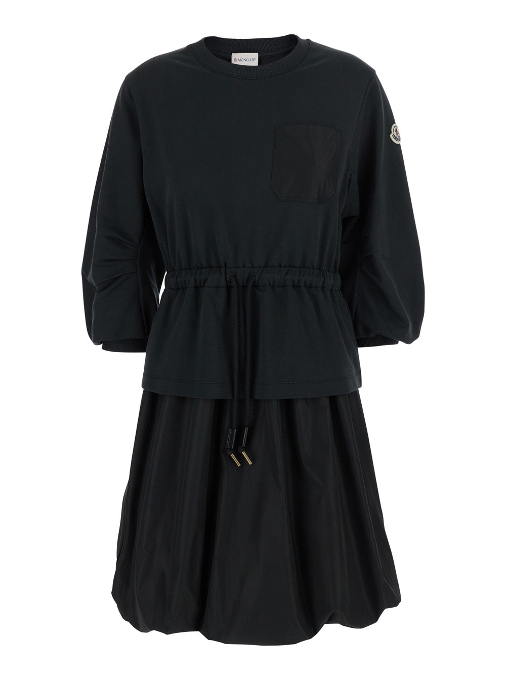 Moncler Women Black Dress With Elastic Waist And Logo Patch On The Sleeve In Tech Fabric Woman by Luosophy