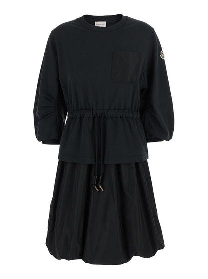 Moncler Women Black Dress With Elastic Waist And Logo Patch On The Sleeve In Tech Fabric Woman by Luosophy