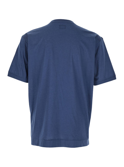 C.P. Company Men Blue Crewneck T-Shirt With Logo Embroidery On The Front In Cotton Man by Luosophy