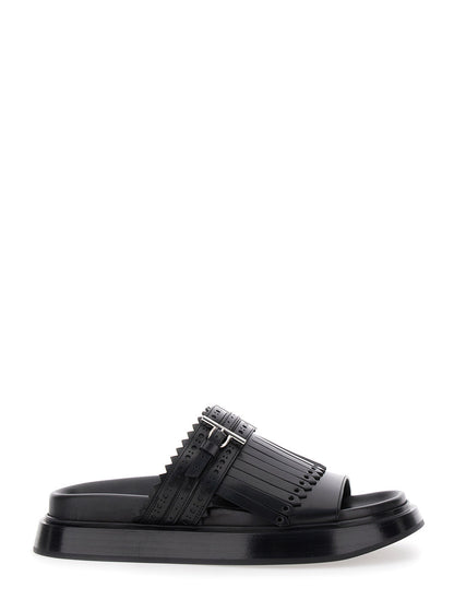 Alexander Mcqueen Women Black Sandals With Brogue T-Buckle Decorative Strap In Leather Woman by Luosophy