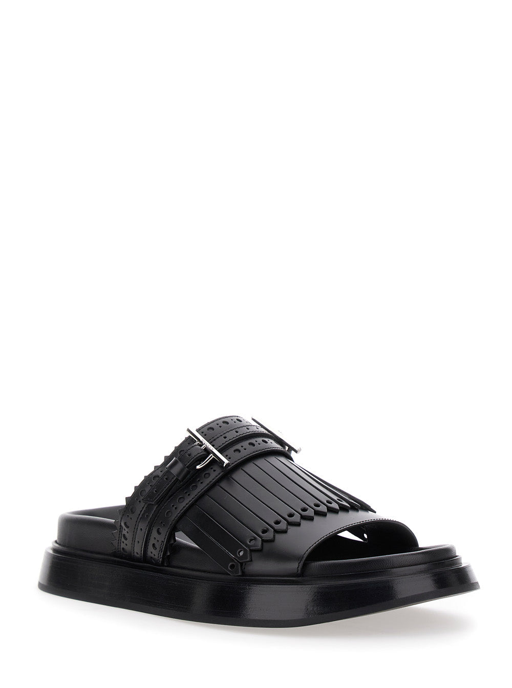 Alexander Mcqueen Women Black Sandals With Brogue T-Buckle Decorative Strap In Leather Woman by Luosophy