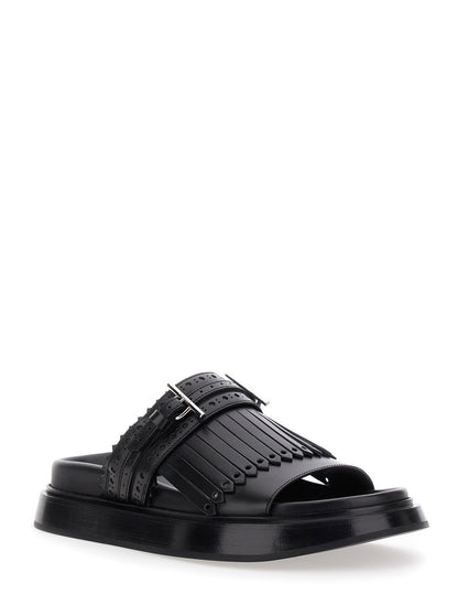 Alexander Mcqueen Women Black Sandals With Brogue T-Buckle Decorative Strap In Leather Woman by Luosophy