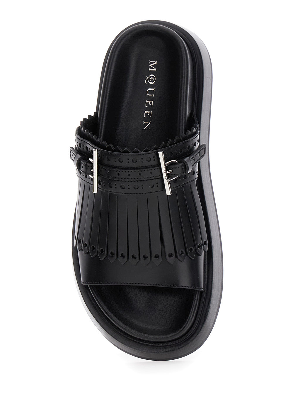 Alexander Mcqueen Women Black Sandals With Brogue T-Buckle Decorative Strap In Leather Woman by Luosophy