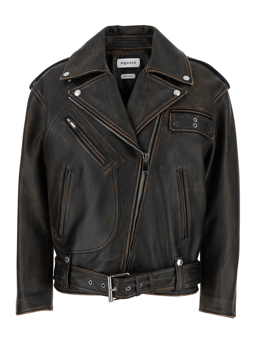 Alexander Mcqueen Women Antiqued Brown Biker Jacket With Wide Classic Lapels And Decentralized Zip Closure In Leather Woman by Luosophy