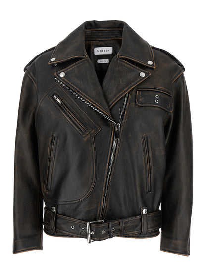 Alexander Mcqueen Women Antiqued Brown Biker Jacket With Wide Classic Lapels And Decentralized Zip Closure In Leather Woman by Luosophy