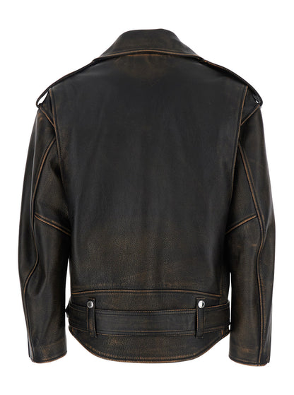 Alexander Mcqueen Women Antiqued Brown Biker Jacket With Wide Classic Lapels And Decentralized Zip Closure In Leather Woman by Luosophy