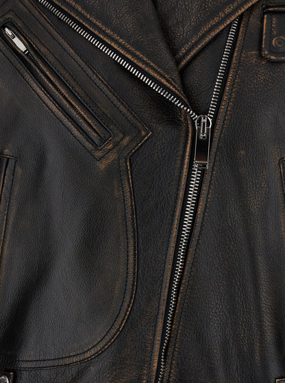 Alexander Mcqueen Women Antiqued Brown Biker Jacket With Wide Classic Lapels And Decentralized Zip Closure In Leather Woman by Luosophy