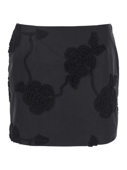 Rotate Women Black Mini Skirt With 3D Floral Details Applied All-Over In Cotton Woman by Luosophy