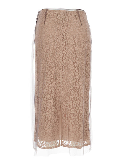 Fendi Women Beige Tube Skirt With All-Over Floral Embroidery In Lace Woman by Luosophy