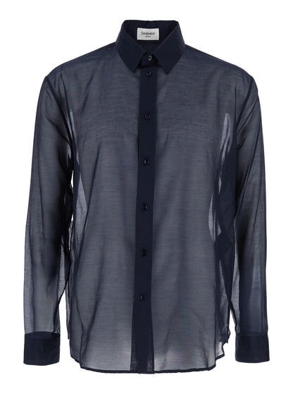Saint Laurent Men Blue Shirt With Classic Collar And Contrasting Details In Cotton And Silk Man 