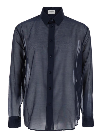 Saint Laurent Men Blue Shirt With Classic Collar And Contrasting Details In Cotton And Silk Man by Luosophy
