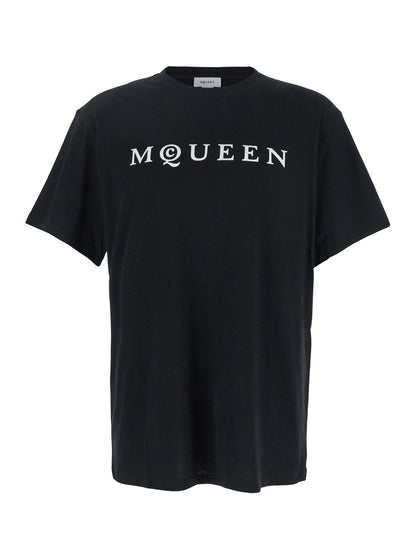 Alexander Mcqueen Men Black Crewneck T-Shirt With Logo Print On The Front In Cotton Man by Luosophy