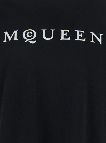 Alexander Mcqueen Men Black Crewneck T-Shirt With Logo Print On The Front In Cotton Man by Luosophy