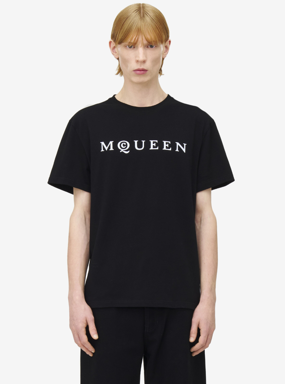 Alexander Mcqueen Men Black Crewneck T-Shirt With Logo Print On The Front In Cotton Man by Luosophy