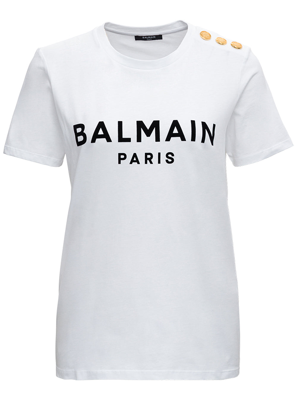Balmain Women White Crewneck T-Shirt With Logo Print And Golden Buttons In Jersey Woman by Luosophy