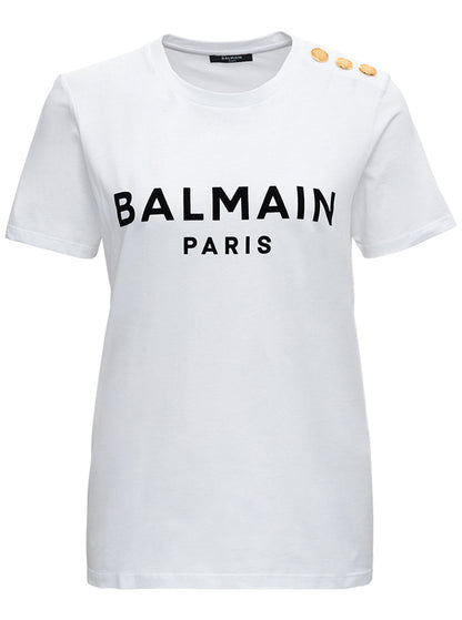 Balmain Women White Crewneck T-Shirt With Logo Print And Golden Buttons In Jersey Woman by Luosophy