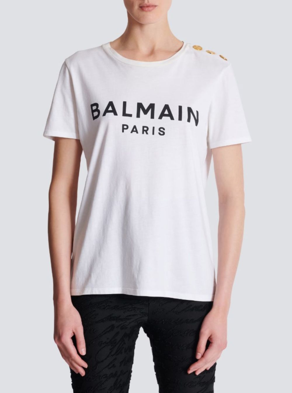 Balmain Women White Crewneck T-Shirt With Logo Print And Golden Buttons In Jersey Woman by Luosophy
