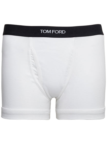 Tom Ford Men White Boxer Shorts With Elastic Waist With Logo Lettering In Cotton Man by Luosophy