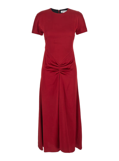 Victoria Beckham Women Red Crewneck Midi Dress With Gathered Waist And Rear Zip Closure In Viscose Blend Woman by Luosophy