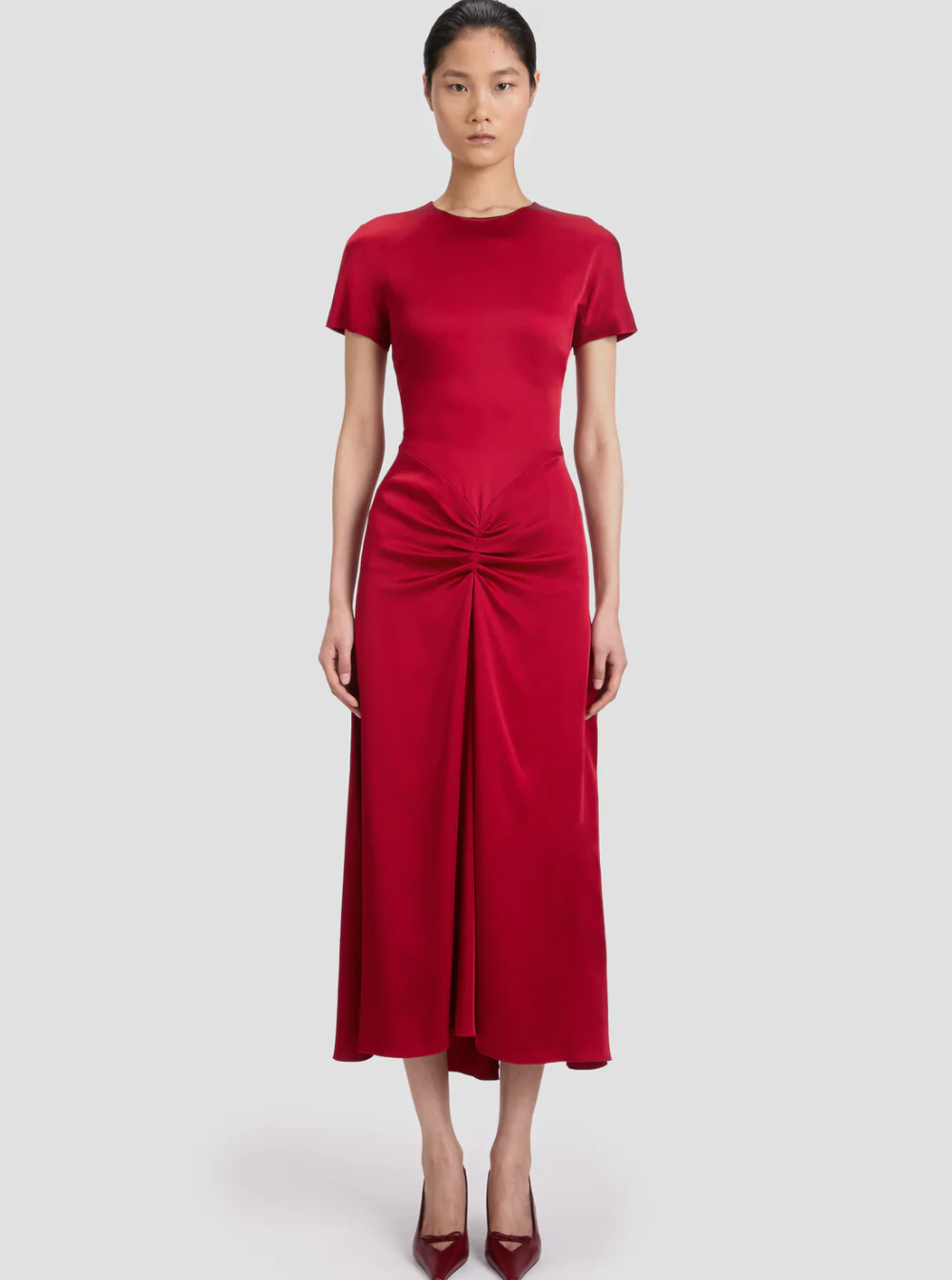 Victoria Beckham Women Red Crewneck Midi Dress With Gathered Waist And Rear Zip Closure In Viscose Blend Woman by Luosophy