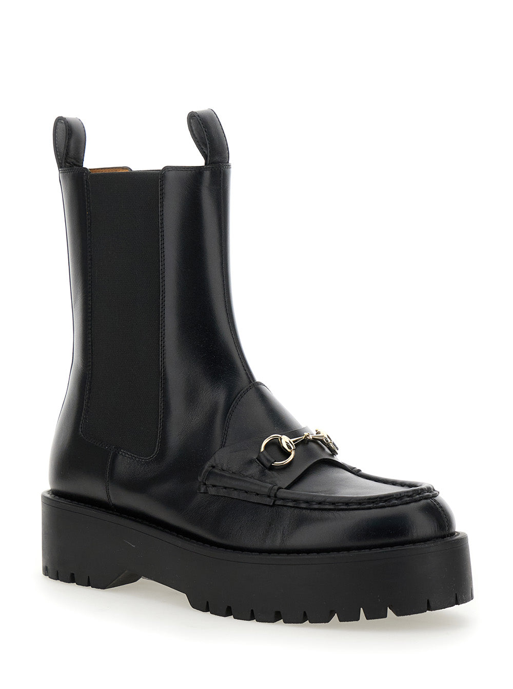 Gucci Women Black Ankle Boots With Horsebit And Lug Sole In Leather Woman by Luosophy