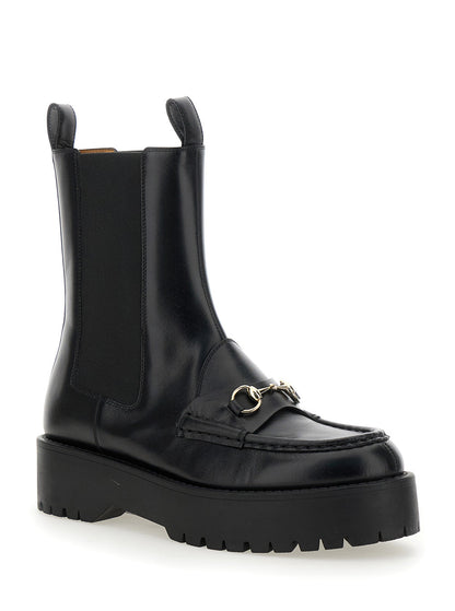 Gucci Women Black Ankle Boots With Horsebit And Lug Sole In Leather Woman by Luosophy