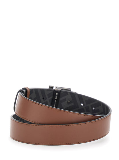Fendi Men Brown Reversible Belt With Ff Buckle Closure In Leather Man by Luosophy