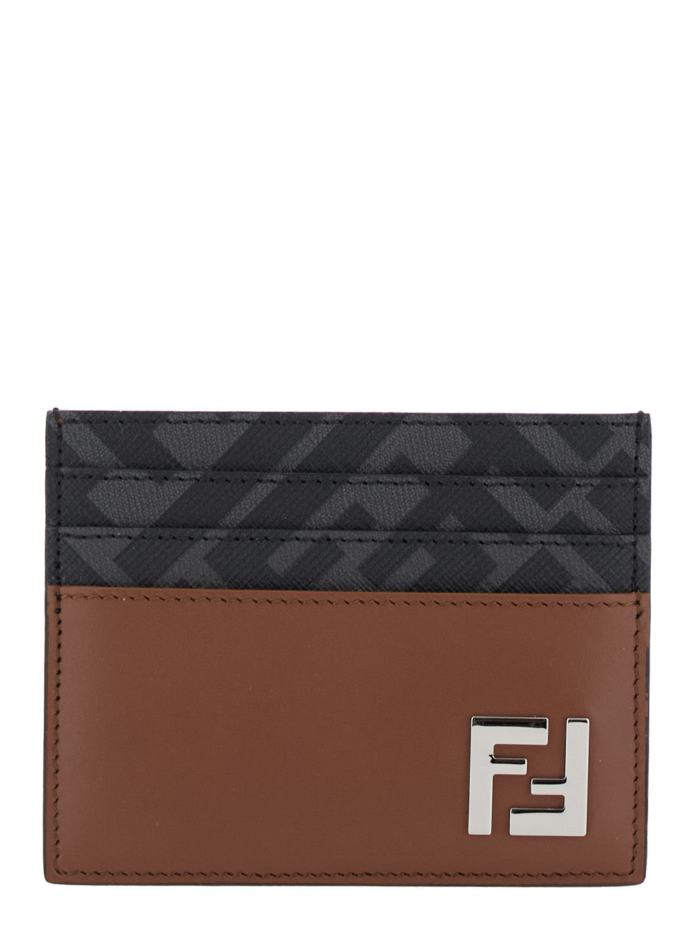 Fendi Men Brown Card Holder With Ff Plaque On The Front In Leather And Ff Canvas Man by Luosophy