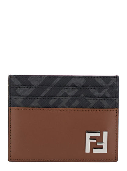 Fendi Men Brown Card Holder With Ff Plaque On The Front In Leather And Ff Canvas Man by Luosophy