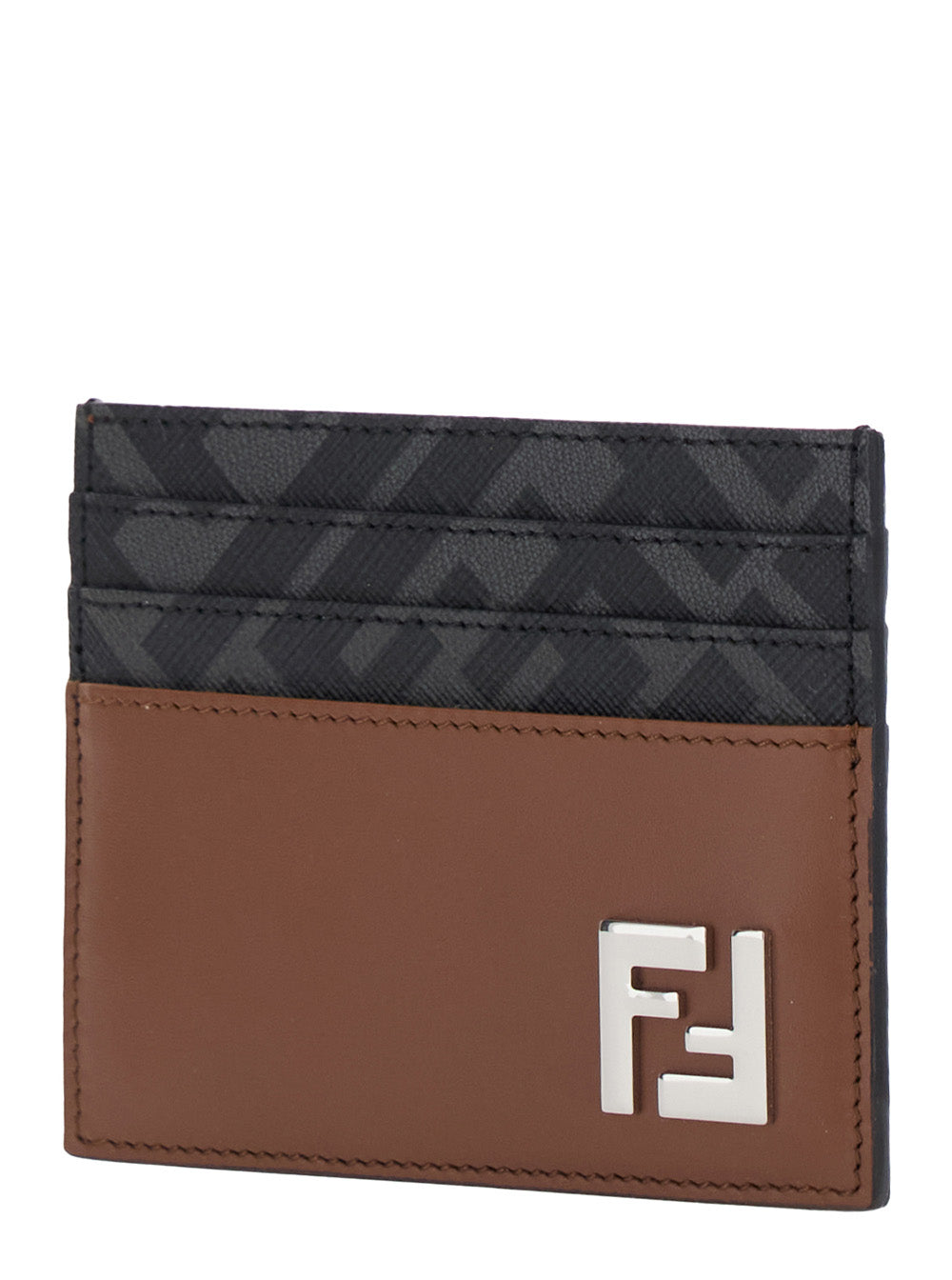 Fendi Men Brown Card Holder With Ff Plaque On The Front In Leather And Ff Canvas Man by Luosophy
