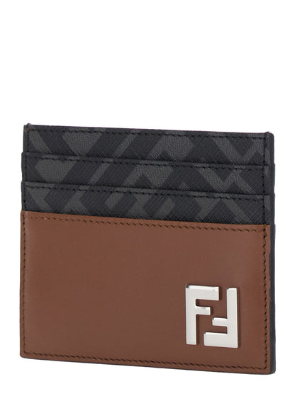 Fendi Men Brown Card Holder With Ff Plaque On The Front In Leather And Ff Canvas Man by Luosophy