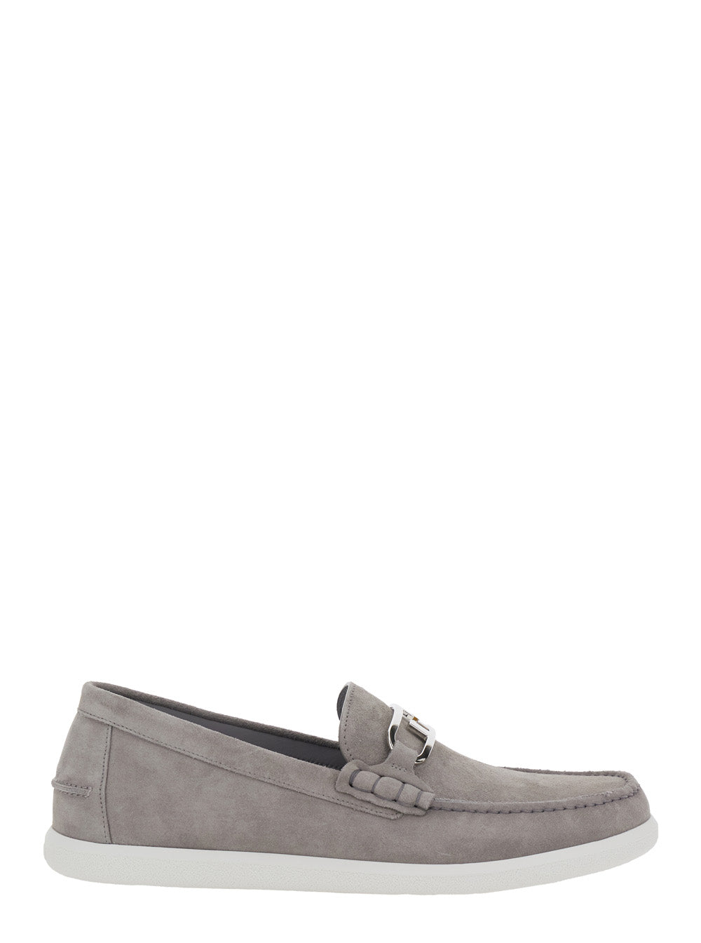 Fendi Men Grey Loafers With Ff Metal Buckle And Contrasting Sole In Suede Man by Luosophy