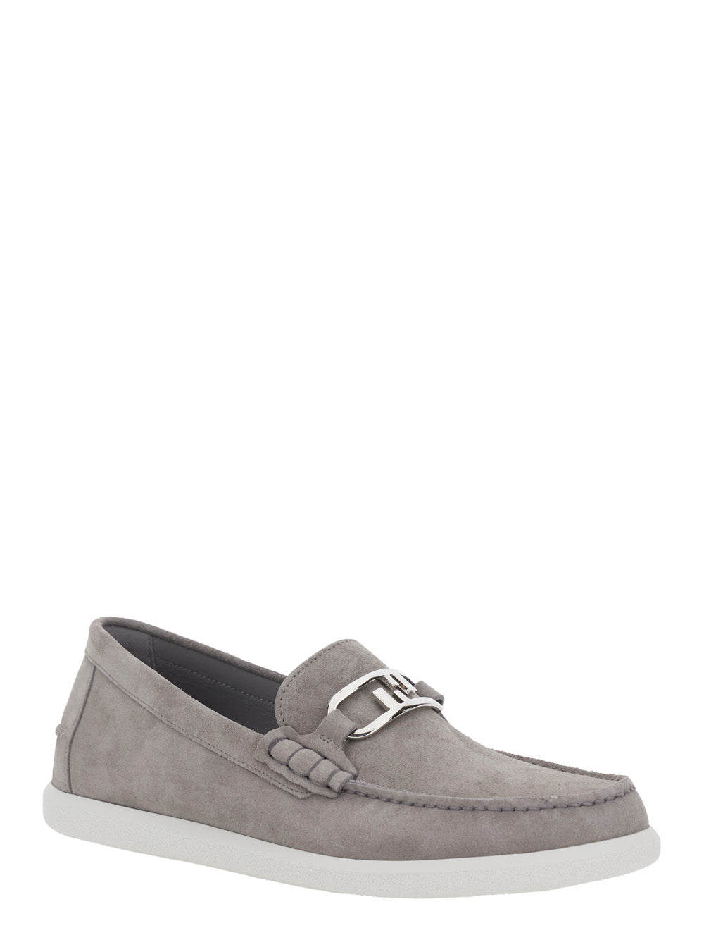 Fendi Men Grey Loafers With Ff Metal Buckle And Contrasting Sole In Suede Man by Luosophy