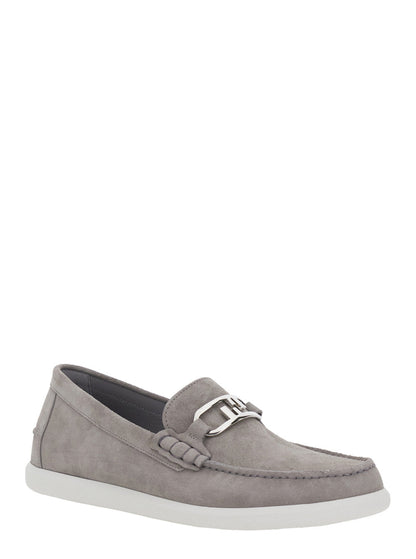 Fendi Men Grey Loafers With Ff Metal Buckle And Contrasting Sole In Suede Man by Luosophy