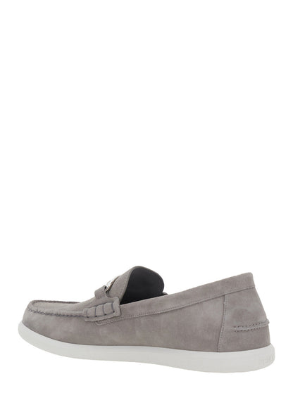 Fendi Men Grey Loafers With Ff Metal Buckle And Contrasting Sole In Suede Man by Luosophy