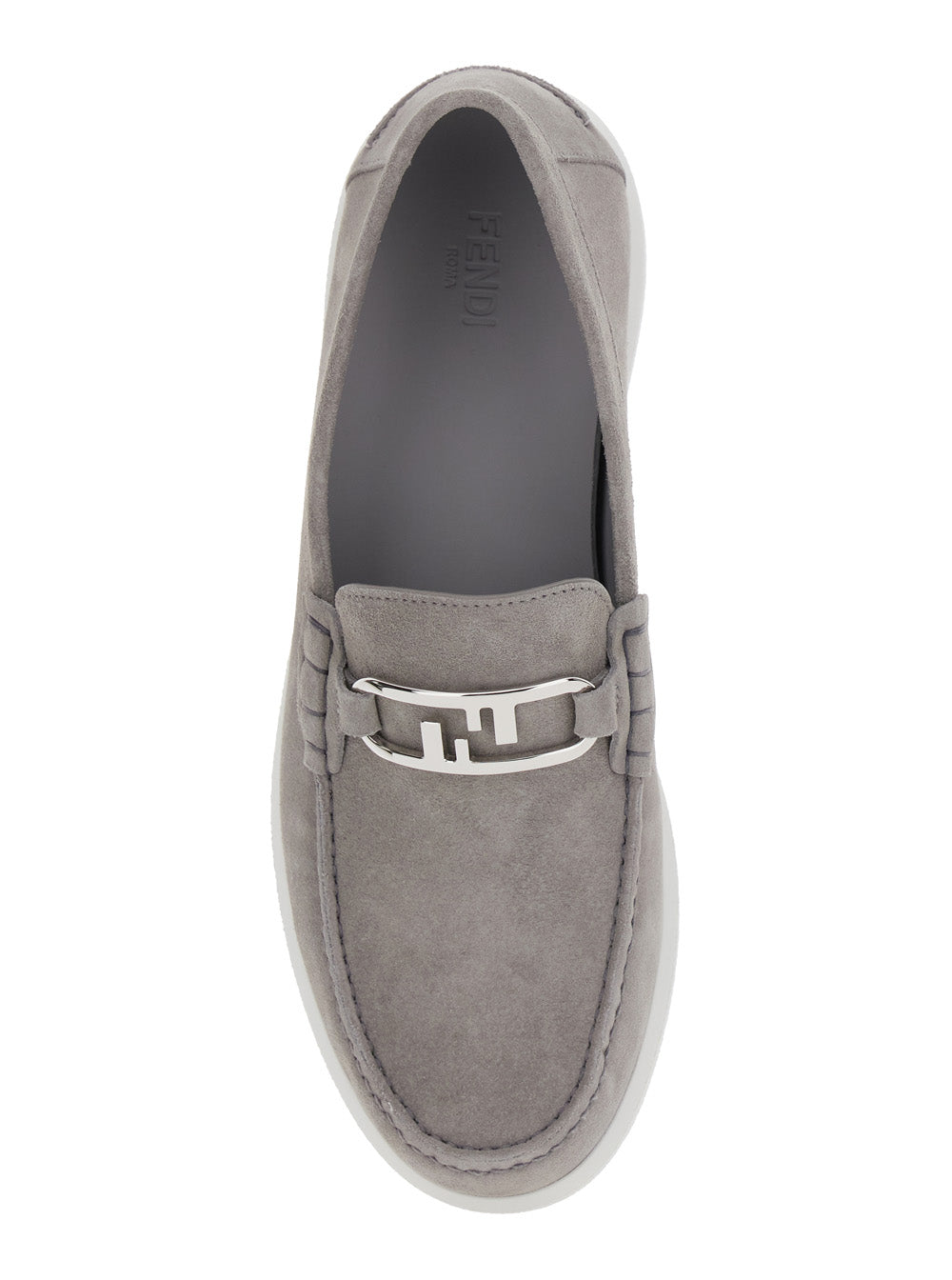 Fendi Men Grey Loafers With Ff Metal Buckle And Contrasting Sole In Suede Man by Luosophy