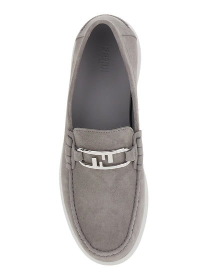 Fendi Men Grey Loafers With Ff Metal Buckle And Contrasting Sole In Suede Man by Luosophy