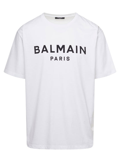 Balmain Men White Crewneck T-Shirt With Contrasting Logo Lettering Print In Cotton Man by Luosophy