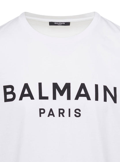 Balmain Men White Crewneck T-Shirt With Contrasting Logo Lettering Print In Cotton Man by Luosophy